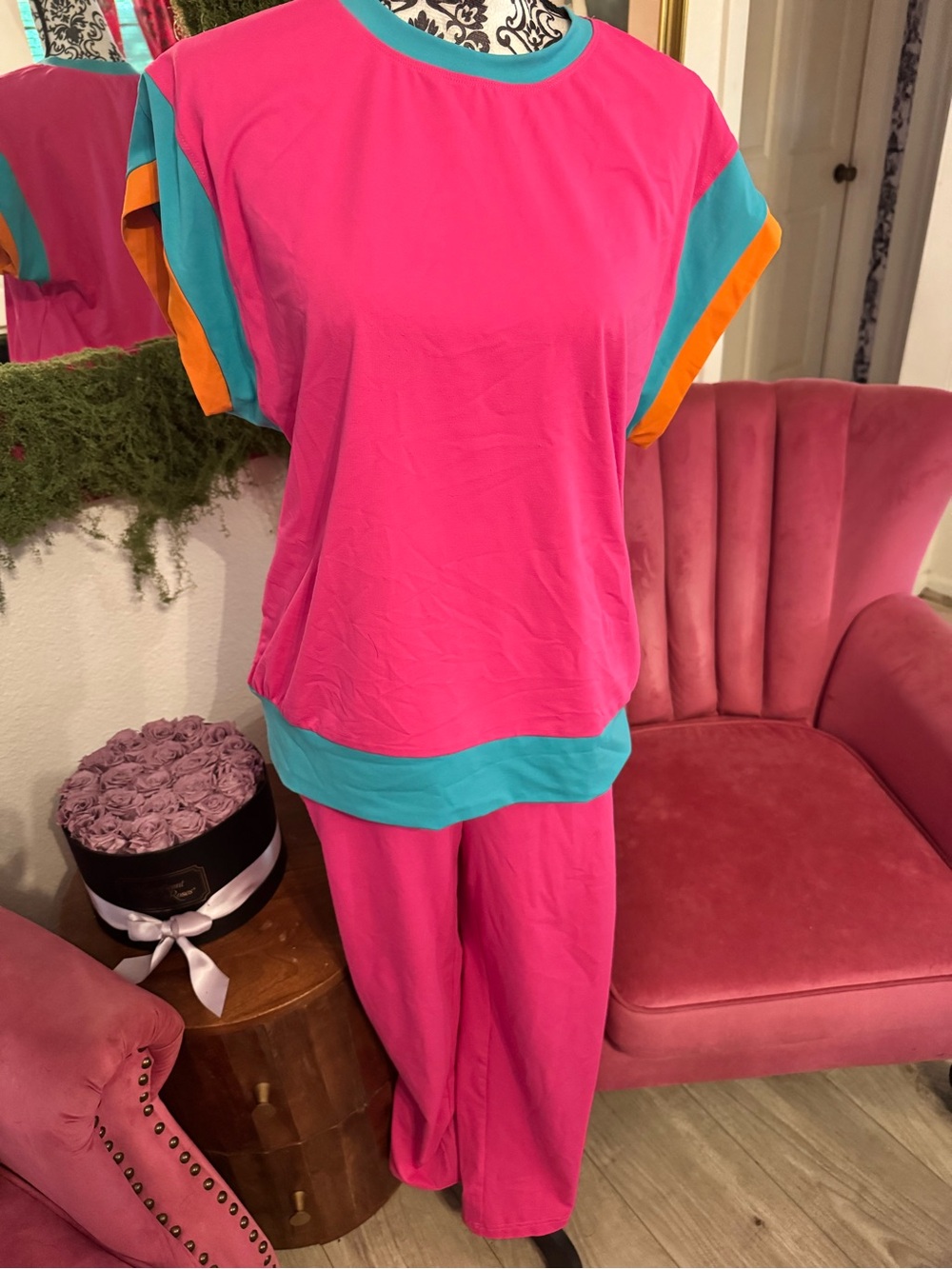 Bright Pink Colorblock Lounge Set with Teal & Orange Trim